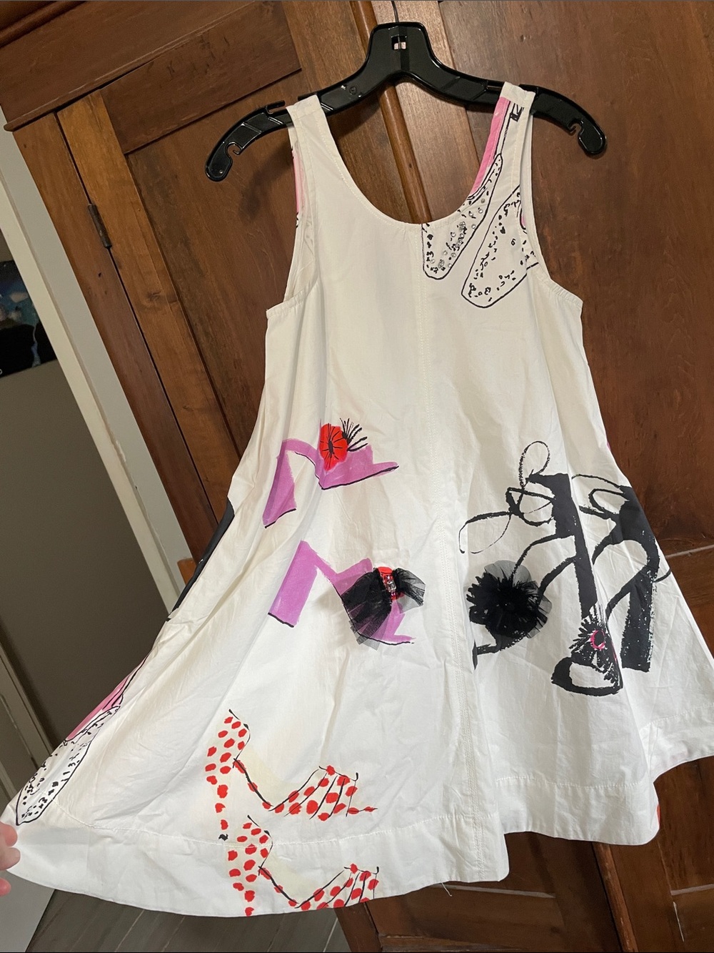 Anthropologie White Mini Dress with Pink, Red and Black Shoe Appliqués